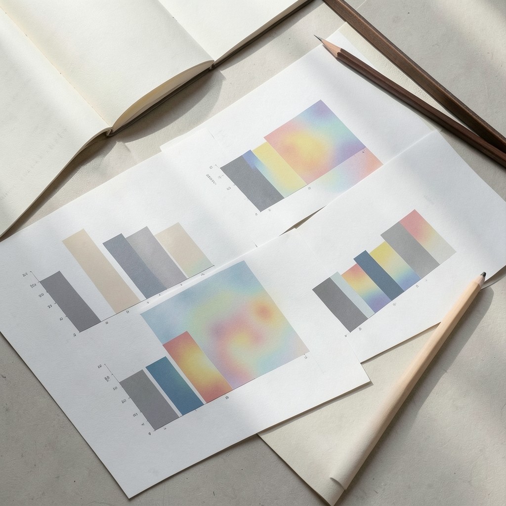 Printed chart samples and soft pencil notes beside a notebook