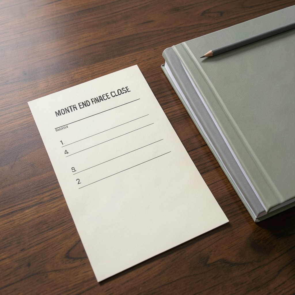 Month-end close checklist beside budget binders on a wooden desk