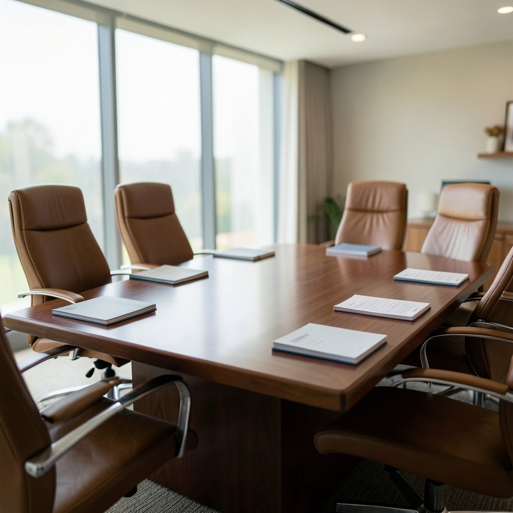Quiet meeting room with variance packs arranged for a finance leadership review