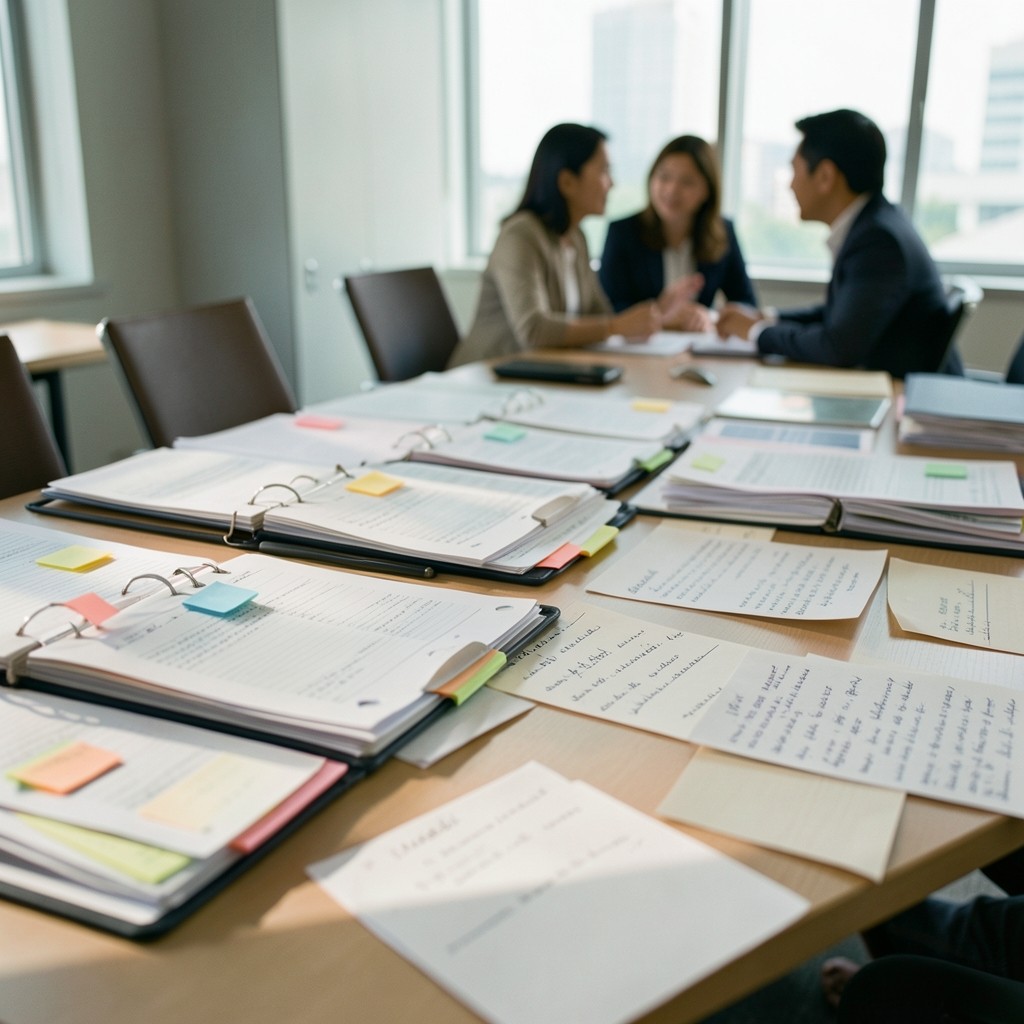 Finance meeting table with binders and notes from a variance assessment