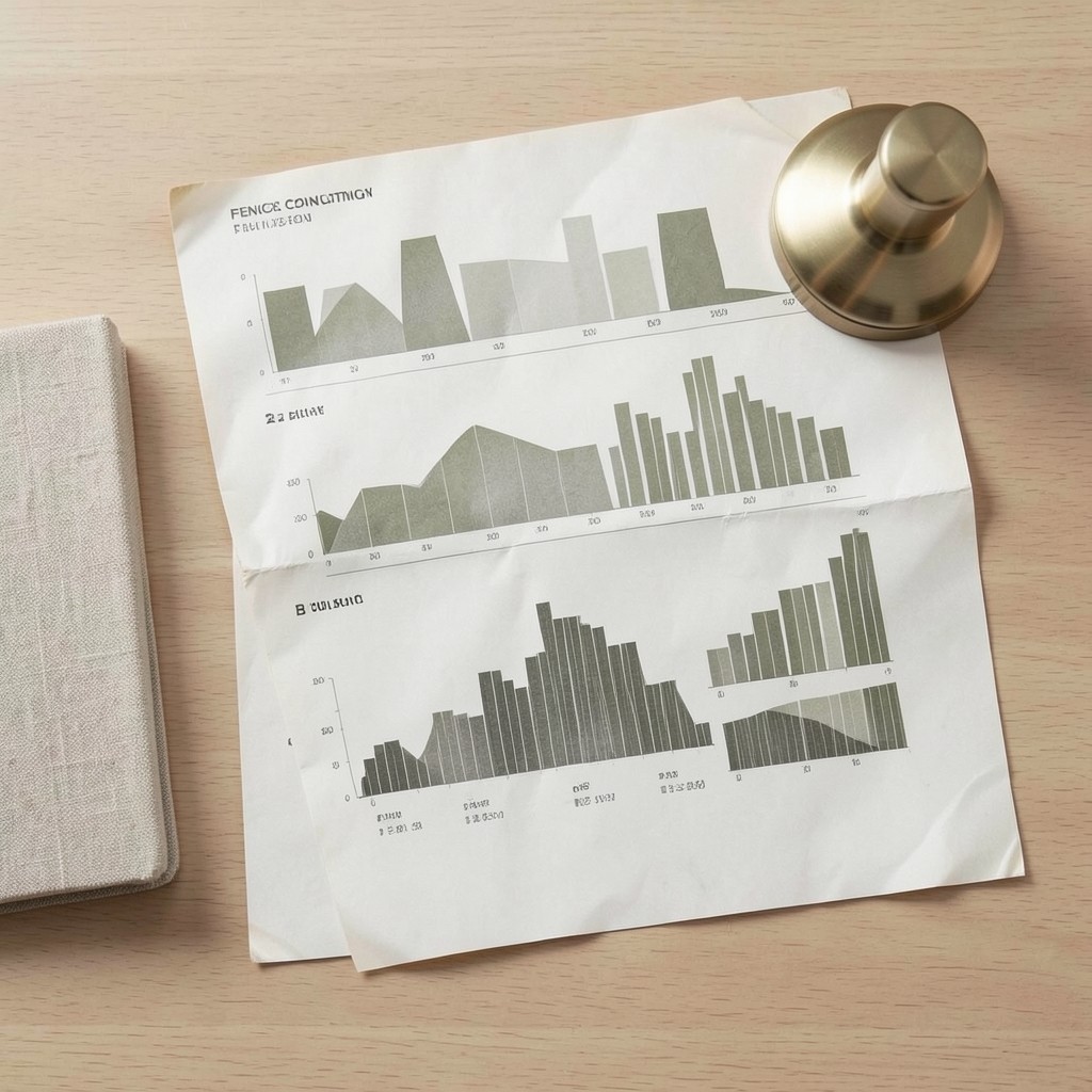 Printed budget worksheets and soft-lit desk with charts ready for variance review