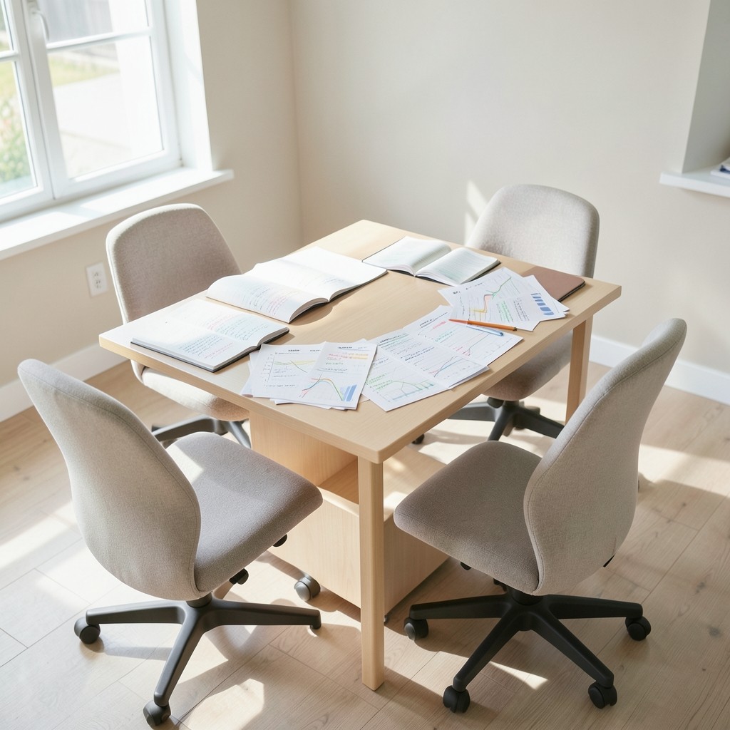 Small workshop setting with finance notebooks and printed variance sheets